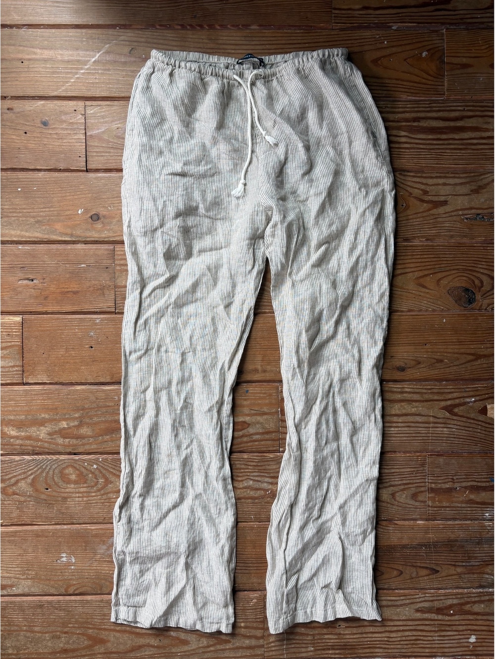 Brandy Melville 100% Linen Striped Drawstring Pants One Size Beige
